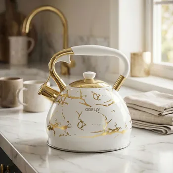 Konvice na čaj Rychlovarná konvice s píšťalkou ODELO DARIO 3 l bílá zlatá