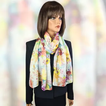 Šála Classic Scarf Bavlněná dámská šála žlutá s květy aster a chryzantém