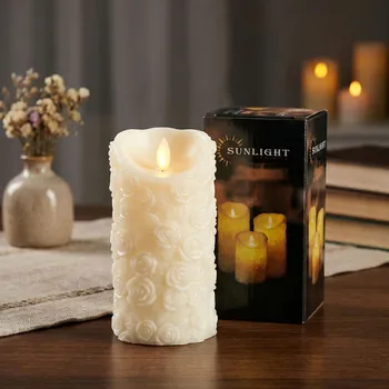 Lampička LED svíčka s pohyblivým knotem v růžích SUNLIGHT 7,5 × 15 cm krémová