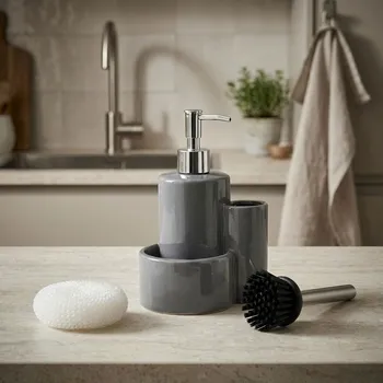 Dávkovač mýdla Sada na mytí nádobí s houbičkou a kartáčem ODELO LEONEL šedá