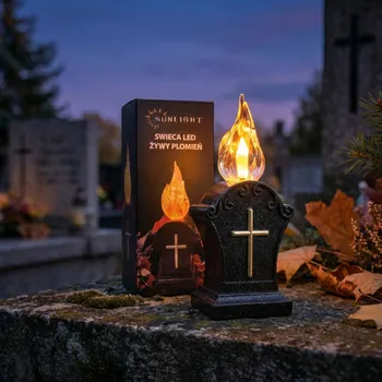 Lampička LED hřbitovní svíčka s živým plamenem SUNLIGHT 6 × 17 cm černá