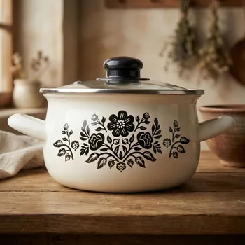 Hrnec Smaltovaný hrnec s poklicí ODELO KWIATY 16 cm 2,1 l krémový