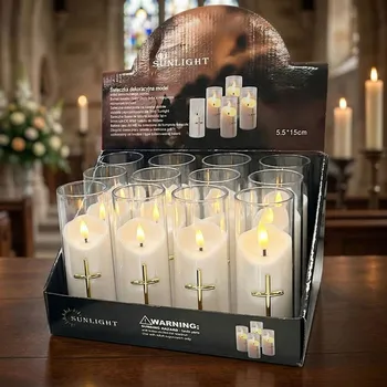 Lampička LED svíčka se zlatým křížem SUNLIGHT 5,5 × 15 cm bílá 12 ks