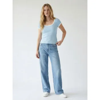 Dámské tričko Sinsay - Zkrácené tričko z&nbsp;žebrovaného úpletu - modrá - 066HB-05X - 066HB-05X-XS