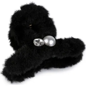 Náramek Skřipec do vlasů kožešinový s perlou a broušeným kamenem, střední, 6 černá