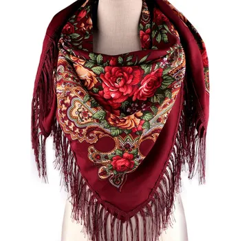 Šátek Šátek folklór květy s třásněmi 105x105 cm, barva 11 vínová