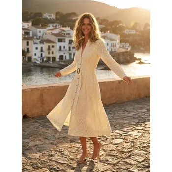 Dámské šaty Sinsay - Ažurové midi košilové šaty s páskem - béžová - 273GY-02X - 273GY-02X-S