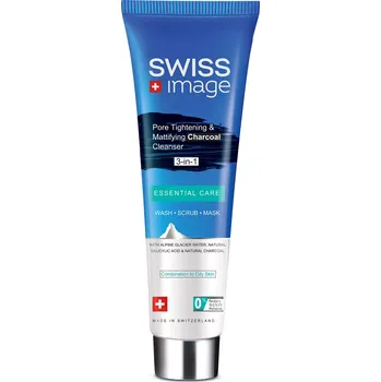 Přípravek na čištění pleti a oči Swiss Image Essential Care Pore Tightening & Mattifying Charcoal Cleanser 3 in 1 multifunkční čisticí gel s aktivním uhlím 100 ml