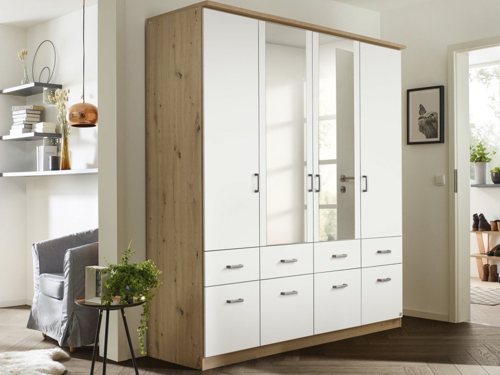 Šatní skříň se zrcadly Bremen, 181 cm, dub artisan/bílá