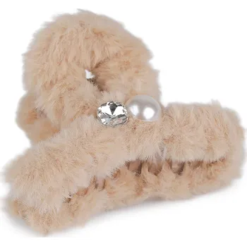 Náramek Skřipec do vlasů kožešinový s perlou a broušeným kamenem, střední, 3 béžová