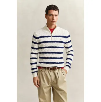 Pánský svetr SVETR GANT STRIPED COTTON CABLE HALF ZIP CREAM