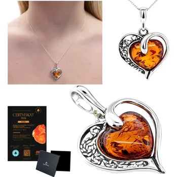 Přívěsek Wisiorek srebrny s koňakovým jantarem srdce 925