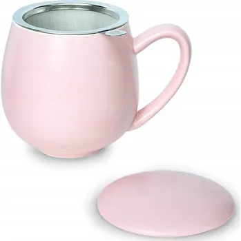 Matný RŮŽOVÝ porcelánový hrnek s nerezovým sítkem a víčkem