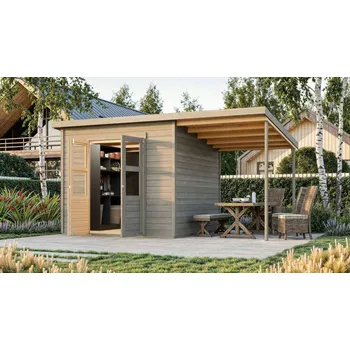 Zahradní stavba dřevěný domek KARIBU MERSEBURG 6 + přístavek 166 cm (10248) světle šedý