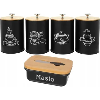 Dóza na potraviny Sada černých dóz na káva, čaj, cukr, sůl + máslenka