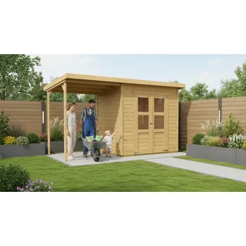 Zahradní stavba dřevěný domek KARIBU MERSEBURG 4 + přístavek 166 cm (68765) natur