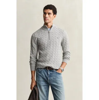 Pánský svetr SVETR GANT COTTON CABLE HALF ZIP GREY MELANGE