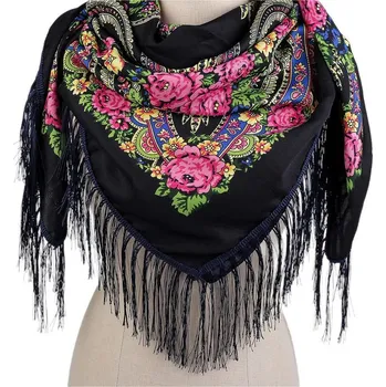 Šátek folklórní květy a třásněmi 105x105 cm - 14 modrá tmavá