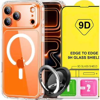Pouzdro na mobilní telefon POUZDRO PRO IPHONE 17 PRO MAX + SKLO POUZDRO 360° PRŮHLEDNÉ + DRŽÁK NA PRSTENY