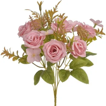 umělá květina Kytice růžiček s listy - růžová