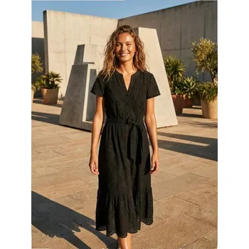 Dámské šaty Sinsay - Bavlněné midi šaty s ažurovým vzorem, volánem a vázáním - černá - 378GY-99X - 378GY-99X-M