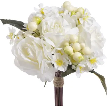umělá květina Kytice růží s květy a bobulemi 10 ks - krémová