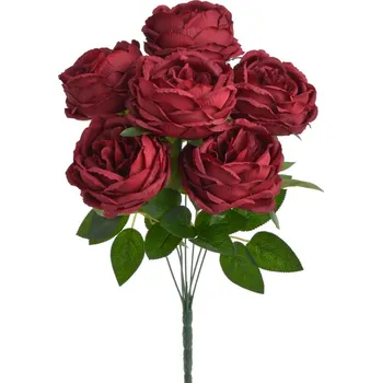 umělá květina Růže - trs 7 ks - tmavě červená