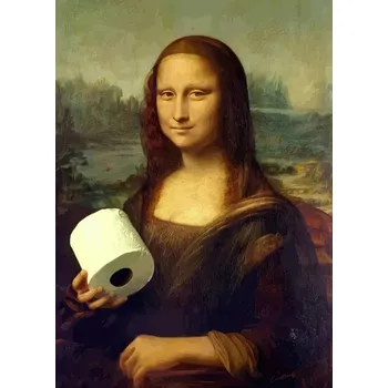 Obraz Vtipný retro obraz Mona Lisa s rolí toaletního papíru 20 x 30 cm Originální plakát na WC Bavlněné plátno bez rámu Nástěnná dekorace