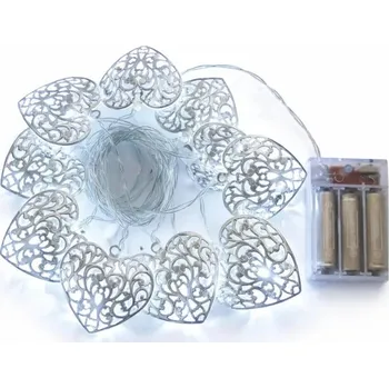 LED páska DECOLED LED světýlka na baterie 2,5 m kovová srdce vintage, ledově bílá, 10 diod, čirý kabel IP20, 2× AA