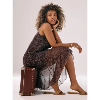 Oblečení a móda Sinsay - Midi šaty na ramínka s ozdobným výstřihem - hnědá - 592FI-82X - 592FI-82X-XS