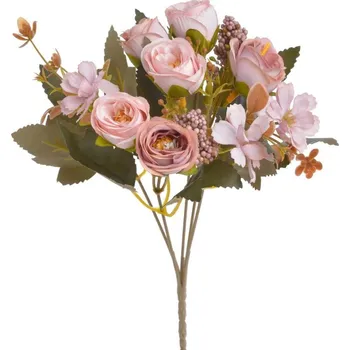 umělá květina Kytice růžiček s listy - růžová - růžová vintage