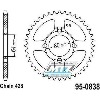 Rozeta ocelová (převodník) 0838-38zubů MTZ - Yamaha YBR125+YB125 + DT100+F1Z 110 + RD125+RS100+RS125DX+RSX100 + YBA125 Enticer + T105+T110+T115 Crypton R + 135 Crypton X + Suzuki DRZ50+DRZ70 + Kawasak 95-0838-38