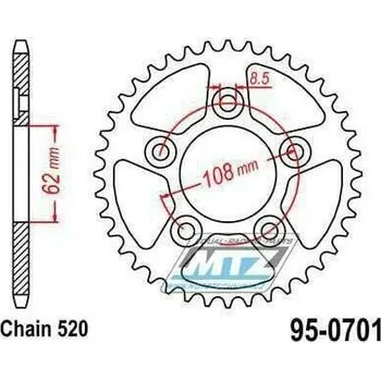 Rozeta ocelová (převodník) 0701-40zubů MTZ - Aprilia 125 AFI Extrema + 125RS Replica + 125RS Extrema + 125 Tuareg Wind AE + 125 Tuono + Cagiva 125 Mito Evolution + 125 Raptor + 125 Mito EV + 125 Super APRILIA RS 125 1993-2005