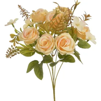 umělá květina Kytice růžiček s listy - broskvová