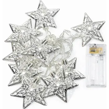 LED páska DECOLED LED světýlka na baterie 1,3 m kovové hvězdy, ledově bílá, 10 diod, čirý kabel IP20 interiér, 2× AA