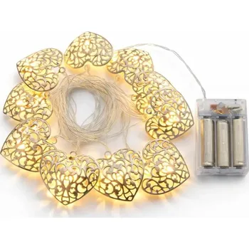 LED páska DECOLED LED světelný řetěz na baterie, kovová srdce styl vintage, teple bílá, 10 diod, 2,5 m