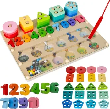 Dřevěná hračka Vzdělávací třídič tvarů a čísel Montessori 3v1