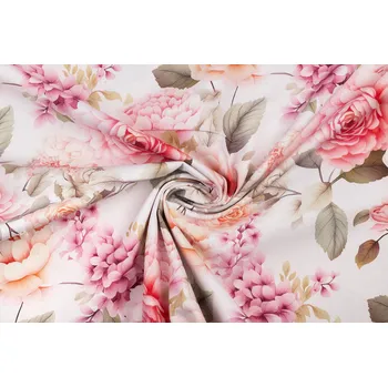 Bavlna režná pastelové růže a šeřík na bílé