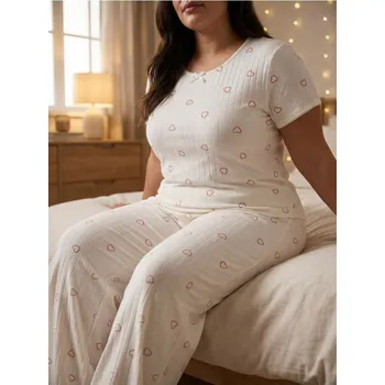 Dámské noční prádlo Sinsay - Dvoudílné bavlněné pyžamo - krémová - 480HF-01X - 480HF-01X-XL