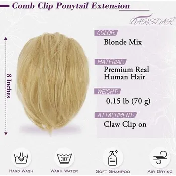 Čelenka BARSDAR Prodlužování culíku z pravých lidských vlasů s drápky a flexibilními drátky, DIY 20cm