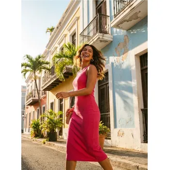 Dámské šaty Sinsay - Přiléhavé žebrované midi šaty - fuchsiová - 6102W-43X - 6102W-43X-XXS