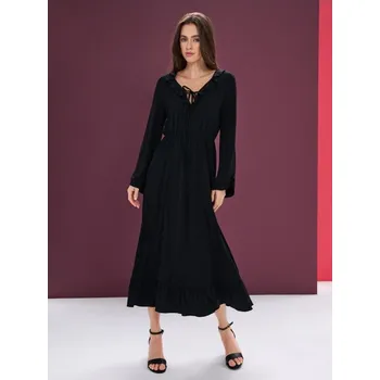 Dámské šaty Sinsay - Midi šaty s volány a vázáním u výstřihu - černá - 194GY-99X - 194GY-99X-XL