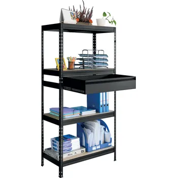 Dílenský regál Kovový bezšroubový regál PRAKTIK BOX se zásuvkou 180 × 90 × 45 cm, 250 kg/police