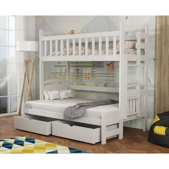 Dětská patrová postel z masivu borovice s rozšířeným spodním lůžkem LUKÁŠ se šuplíky 200x90/140 cm - BÍLÁ, žebřík vpravo