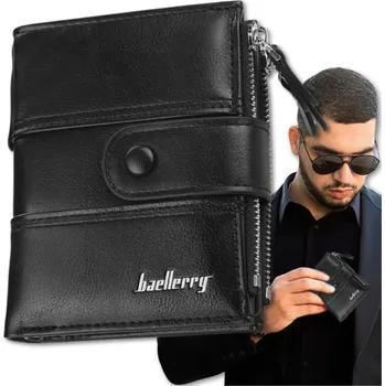 Pánská peněženka z ekologické umělé kůže s patentkovým zapínáním, černá, 18 přihrádek, rozměry 12x9.5x3 cm