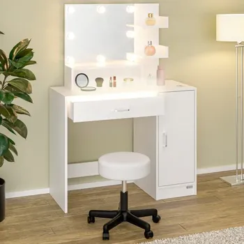Ložnice Toaletní stolek Jocelyn s LED osvětlením a pojízdnou stoličkou | bílý