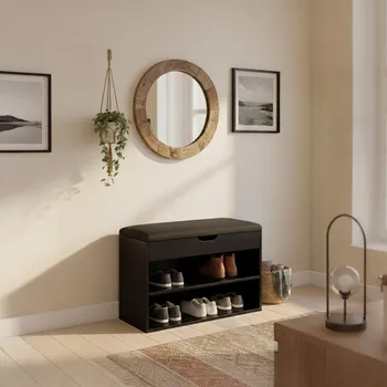 Botník BOXIMO Botník černý se sedákem LEVA, 60 x 30 x 47 cm