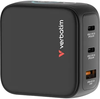 Verbatim, Miniaturní nabíječka GaN s displejem 2 x USB-C / 1 x USB-A, černá, 65W, Vyměnite
