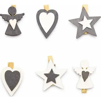Vánoční dekorace DECOLED Dřevěné dekorační kolíčky 4,5 cm, anděl, hvězda, srdce, balení 6 ks