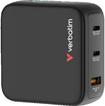 Verbatim, Miniaturní nabíječka GaN s displejem 2 x USB-C / 1 x USB-A, černá, 100 W, Vestav